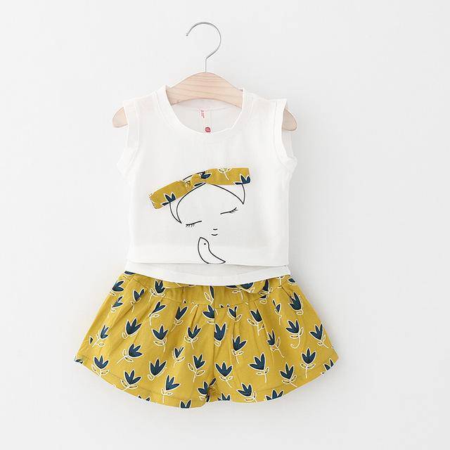 Casual Girls Summer Flower T Shirt Shorts Yellow