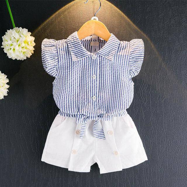 Casual Girls Summer Flower T Shirt Shorts blue