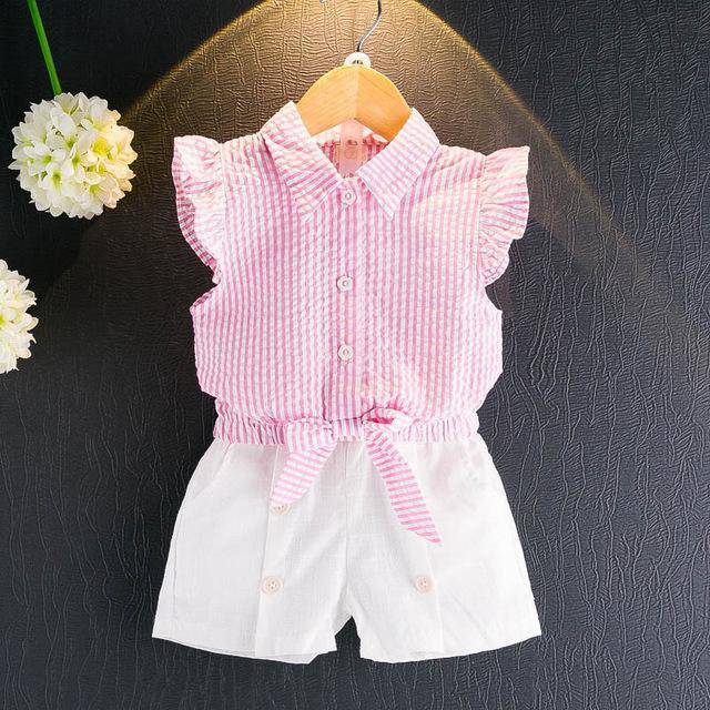 Casual Girls Summer Flower T Shirt Shorts Pink White