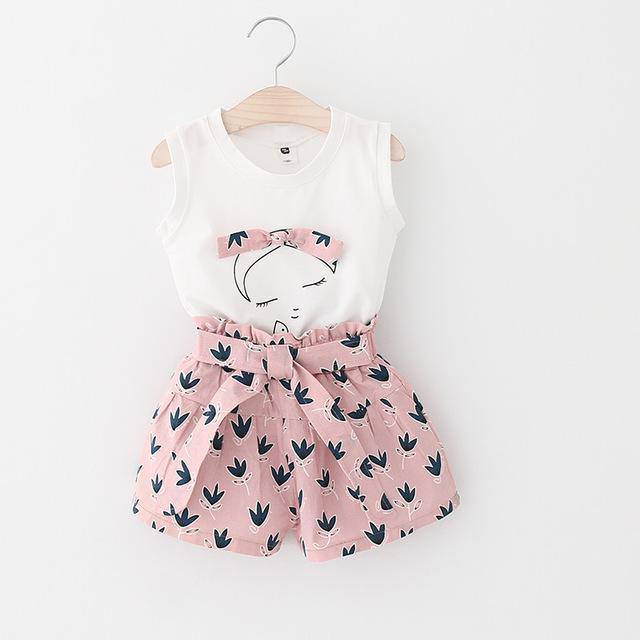 Casual Girls Summer Flower T Shirt Shorts Pink
