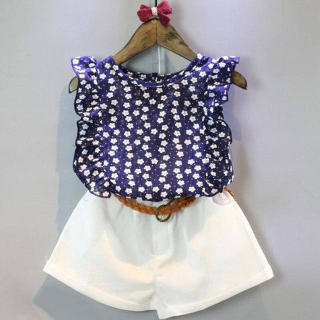 Casual Girls Summer Flower T Shirt Shorts Navy Blue