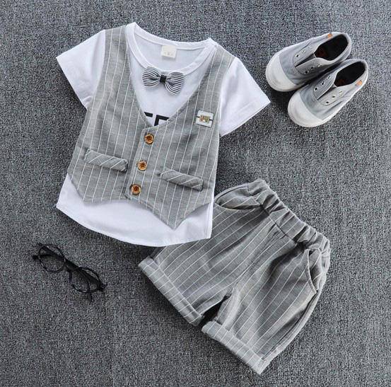 Casual Sets Suit Bowtie Boys T-shirt Pant Outfit Grey White
