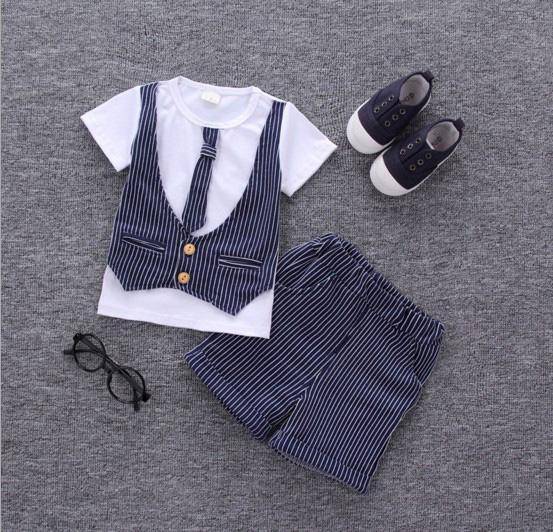 Casual Sets Suit Bowtie Boys T-shirt Pant Outfit Blue