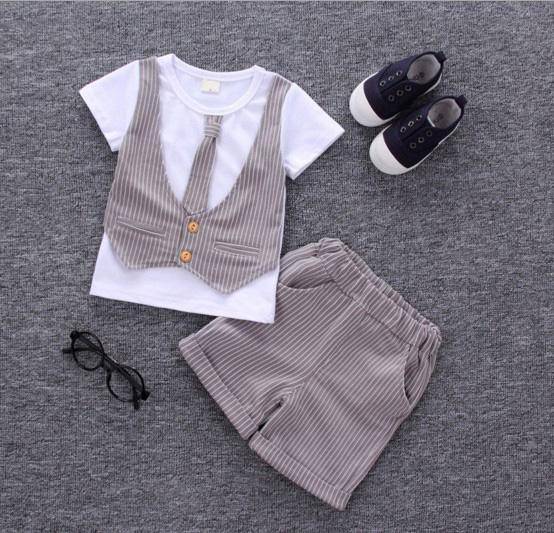 Casual Sets Suit Bowtie Boys T-shirt Pant Outfit Grey