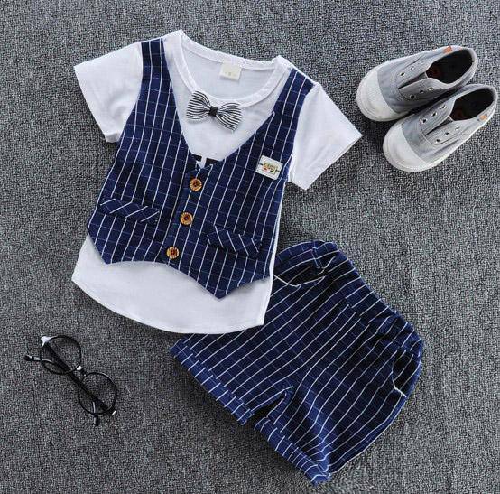 Casual Sets Suit Bowtie Boys T-shirt Pant Outfit Blue White