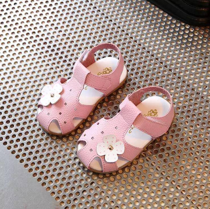 Children Solid Baotou Flower Leather Sandals Pink