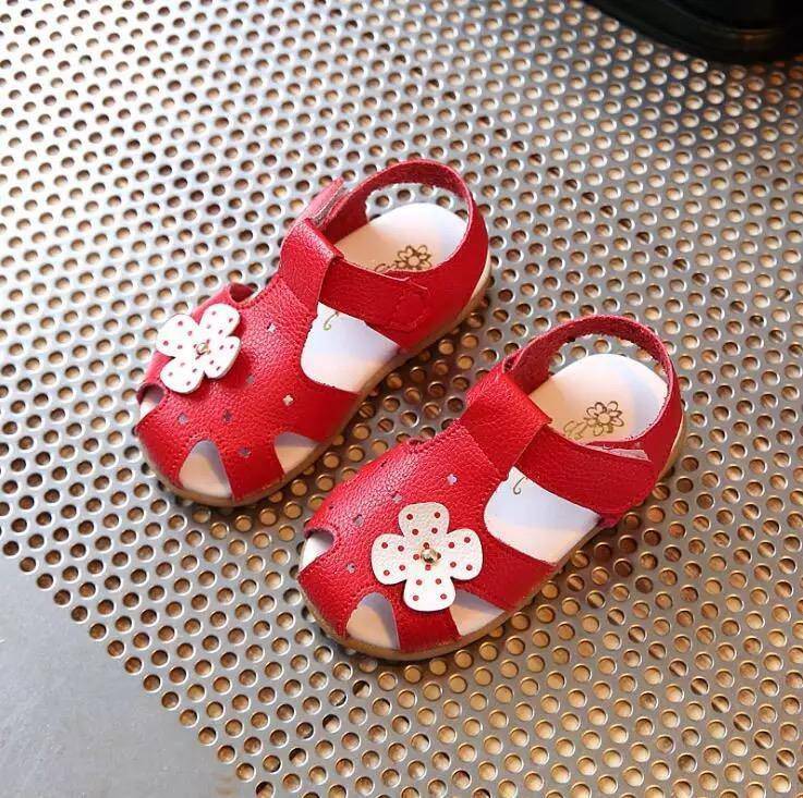 Children Solid Baotou Flower Leather Sandals Red