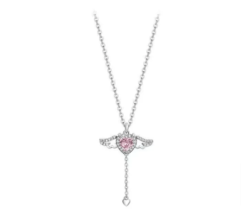 New Crystal Angel Wings Heart Pendant Necklace Valentine's Day Sliver