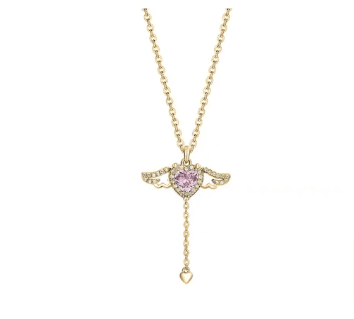 New Crystal Angel Wings Heart Pendant Necklace Valentine's Day Gold