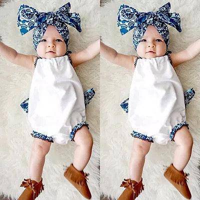 Cute Baby Girl Backless Bodysuit With Headband Outfit White