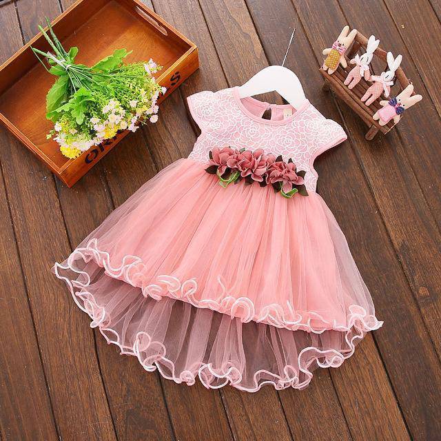Cute Baby Girls Party Summer Floral Dress Pink