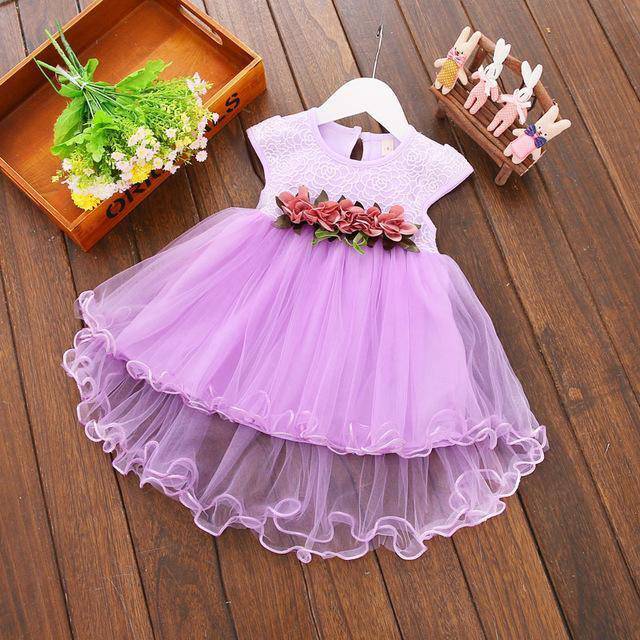 Cute Baby Girls Party Summer Floral Dress Purple