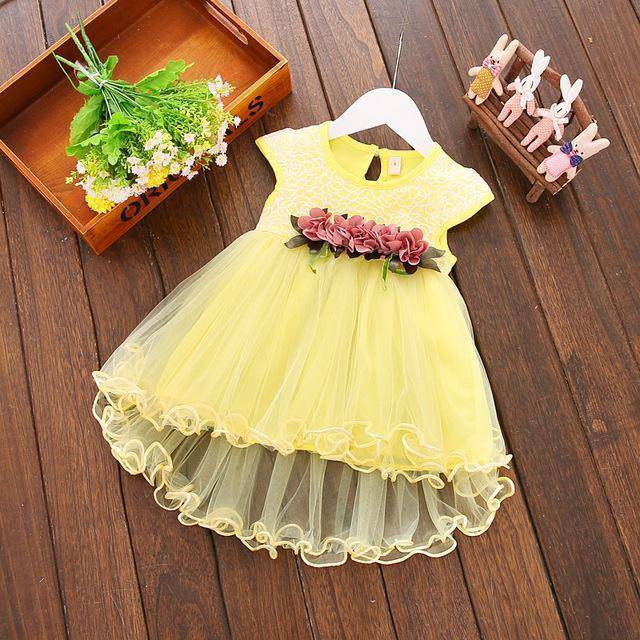 Cute Baby Girls Party Summer Floral Dress Yellow