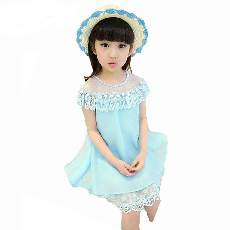 Cute Girls Dress Chiffon Lace Pearl Clothes blue