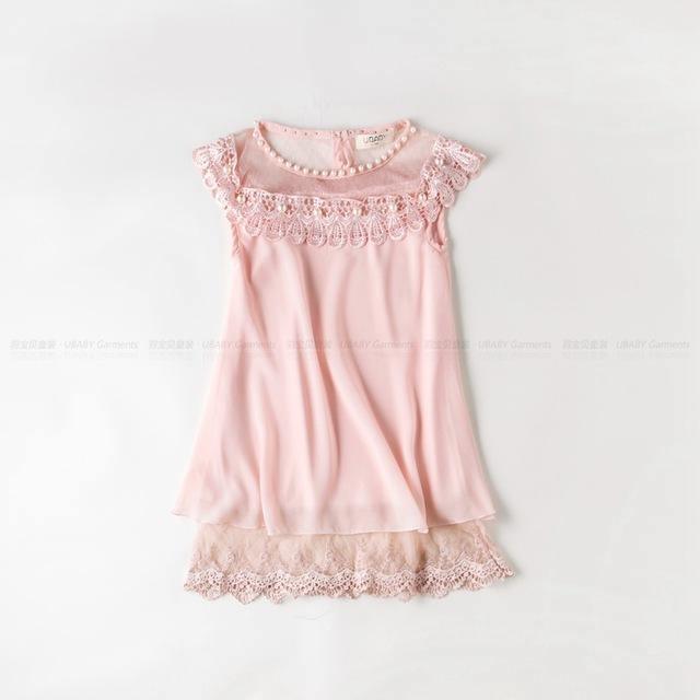 Cute Girls Dress Chiffon Lace Pearl Clothes mint pink