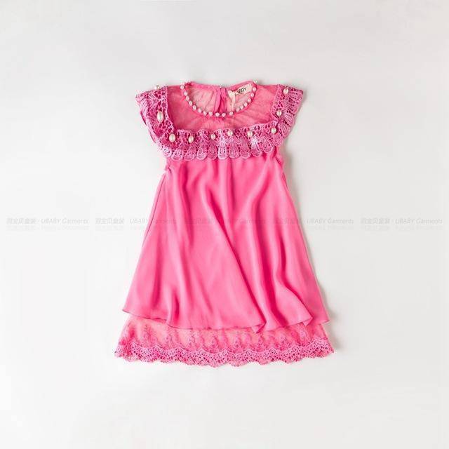 Cute Girls Dress Chiffon Lace Pearl Clothes rose