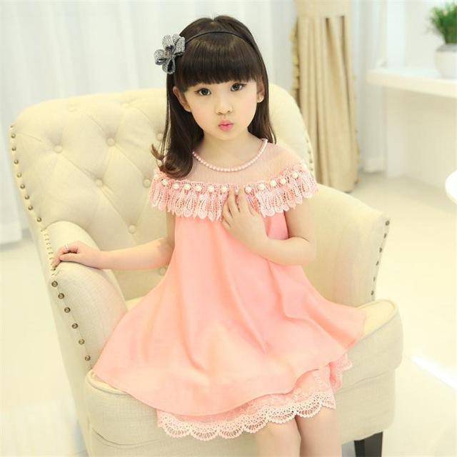 Cute Girls Dress Chiffon Lace Pearl Clothes pink
