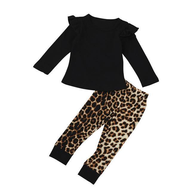 Cute Girls O-Neck Tops Leopard Pants Black