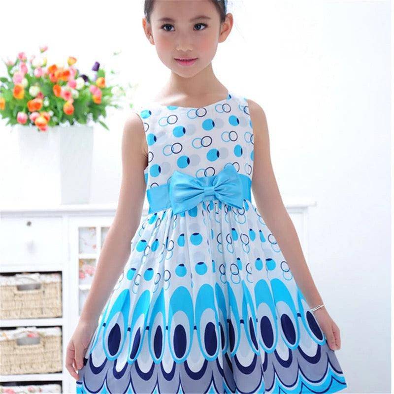 Cute Printed Girls Bow Peacock Party Dress Blue