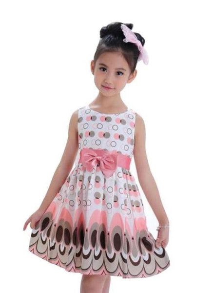Cute Printed Girls Bow Peacock Party Dress Pink