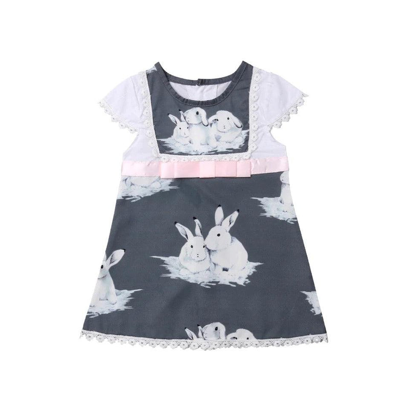 Cute Short Sleeve Rabbit Kid Baby Girls Dress Gray