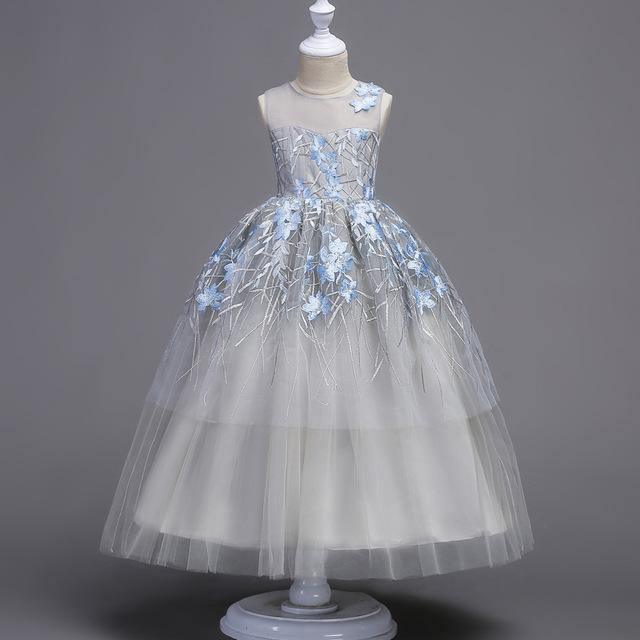 Embroidered sleeveless princess birthday party dress White Blue