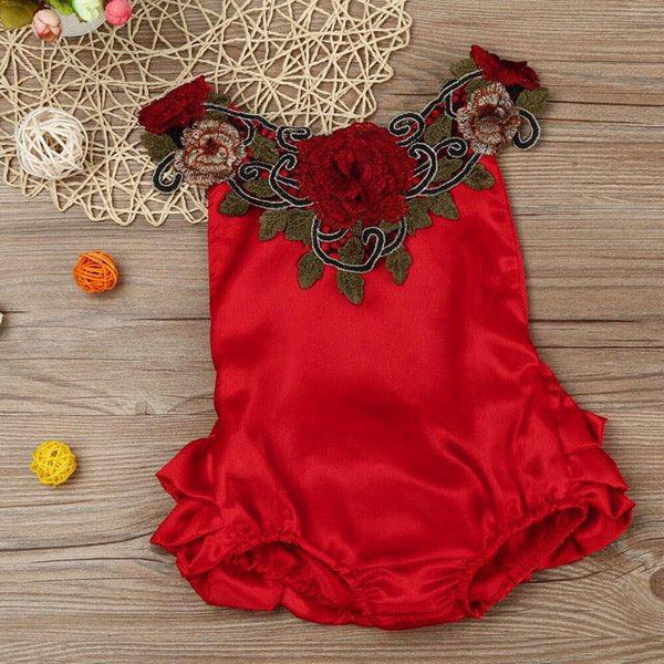 Embroidery Baby Girl White Red Flower Onesie Red