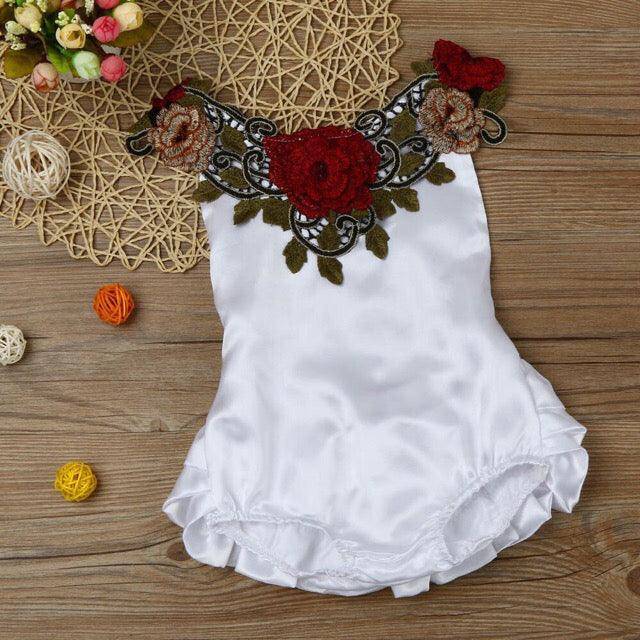 Embroidery Baby Girl White Red Flower Onesie White