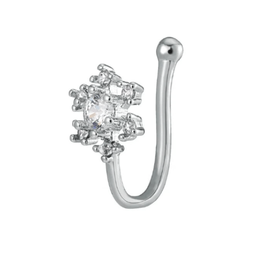 Women Teens Gold Silver Plated Crystal Ear Cuff Fake Nose Ring Silver Geometry