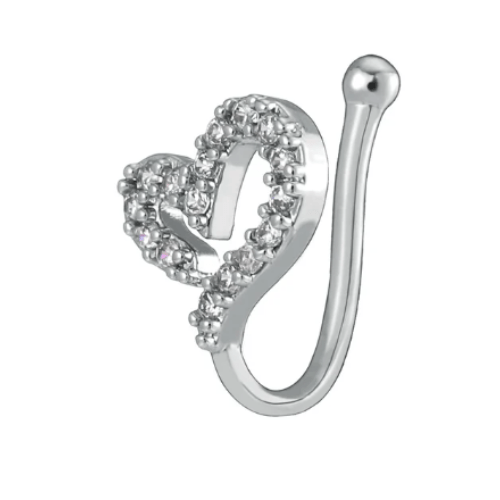 Women Teens Gold Silver Plated Crystal Ear Cuff Fake Nose Ring Silver Heart