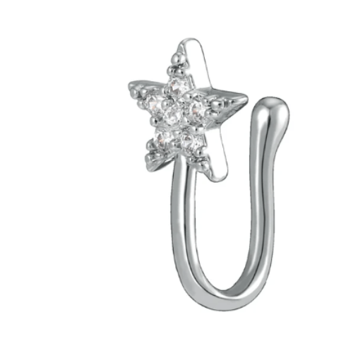 Women Teens Gold Silver Plated Crystal Ear Cuff Fake Nose Ring Silver Star