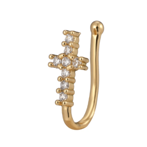 Women Teens Gold Silver Plated Crystal Ear Cuff Fake Nose Ring Gold Cross