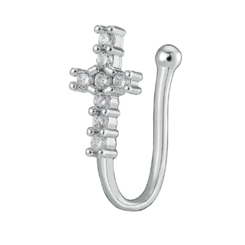 Women Teens Gold Silver Plated Crystal Ear Cuff Fake Nose Ring Silver Cross