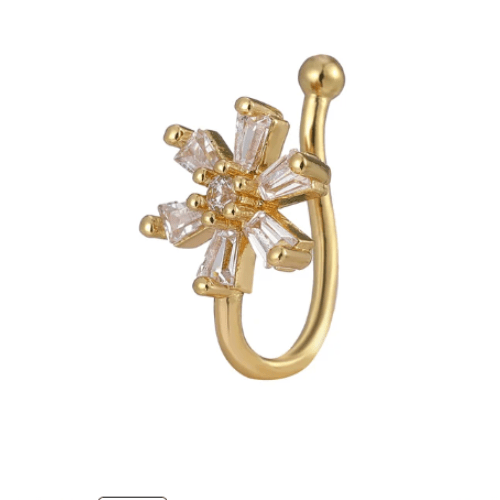 Women Teens Gold Silver Plated Crystal Ear Cuff Fake Nose Ring Gold Flower