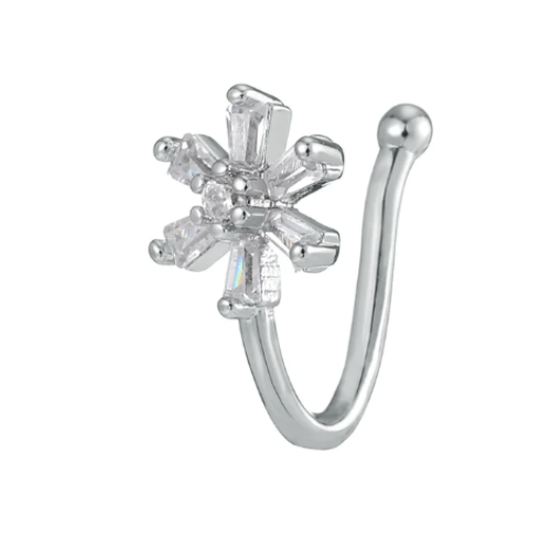 Women Teens Gold Silver Plated Crystal Ear Cuff Fake Nose Ring Silver Flower