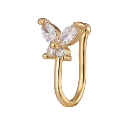 Women Teens Gold Silver Plated Crystal Ear Cuff Fake Nose Ring Gold Butterfly