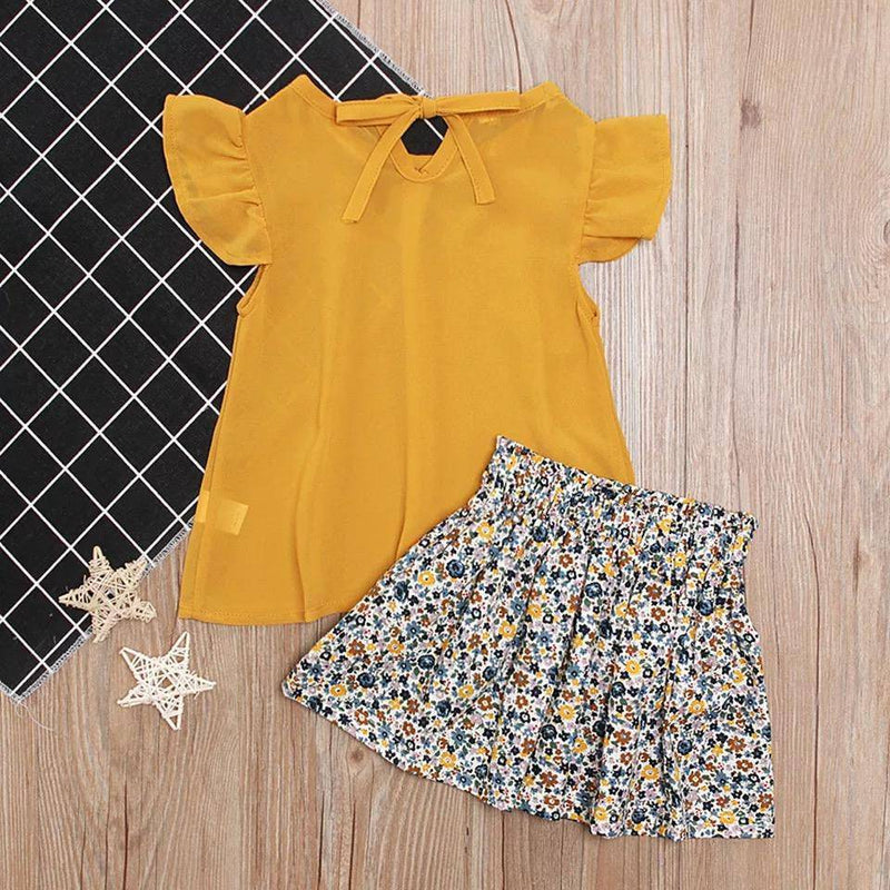 Fashion Girls Ruffled Bow Tops+Skirt Outfit