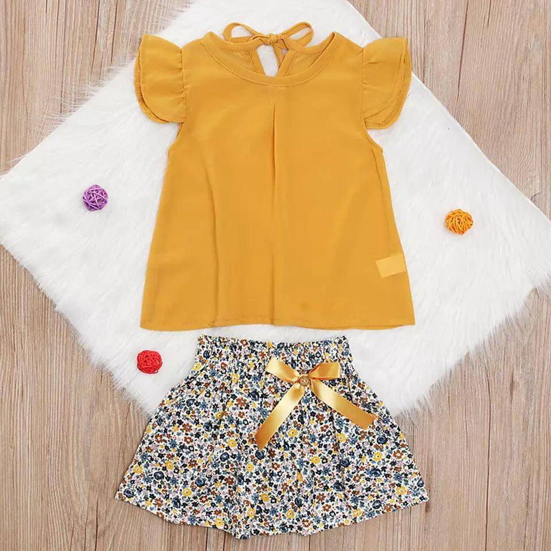 Fashion Girls Ruffled Bow Tops+Skirt Outfit