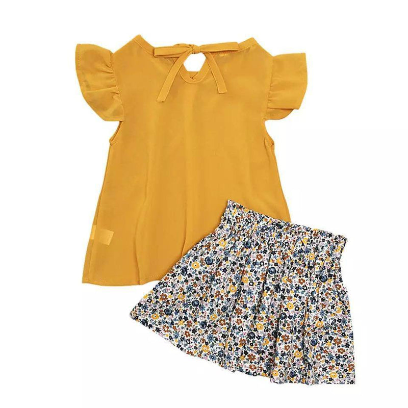 Fashion Girls Ruffled Bow Tops+Skirt Outfit Yellow