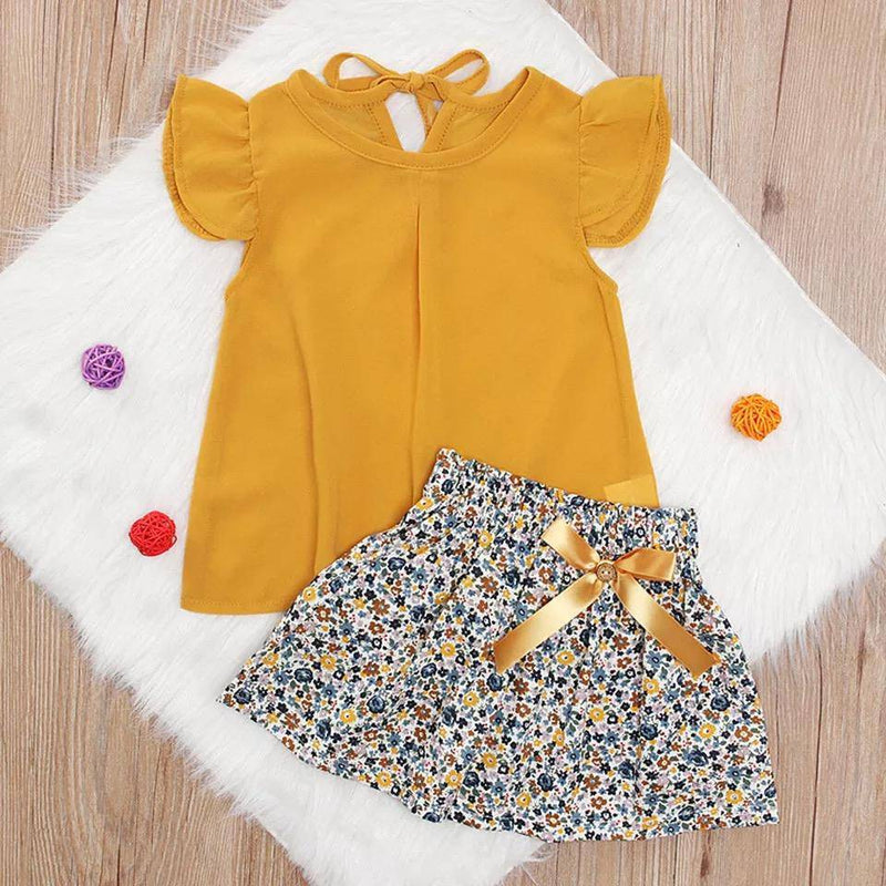 Fashion Girls Ruffled Bow Tops+Skirt Outfit