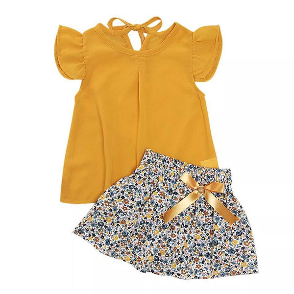 Fashion Girls Ruffled Bow Tops+Skirt Outfit