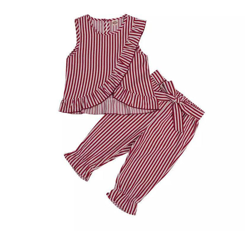 Fashion Girls Striped Ruff Shirt Pants Pink