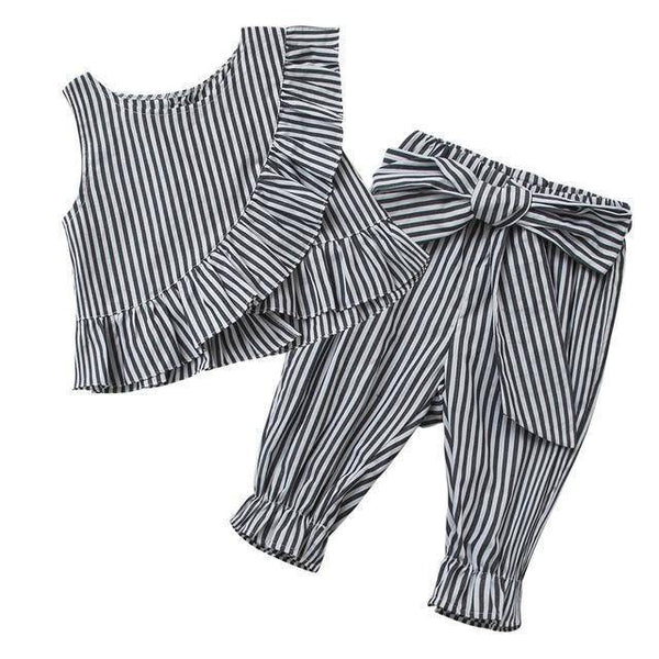 Fashion Girls Striped Ruff Shirt Pants Black