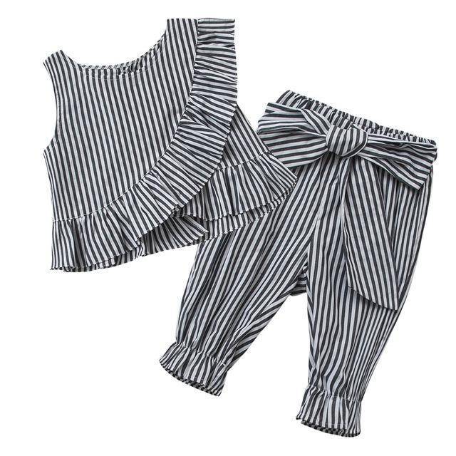 Fashion Girls Striped Ruff Shirt Pants Black