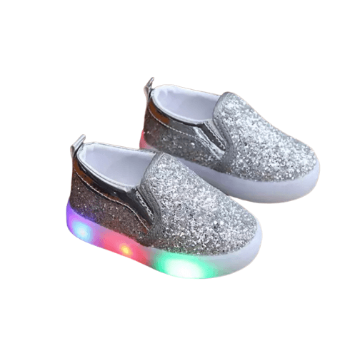 Fashionable Leather Girls Bling Led Sneakers Shoes Slivered
