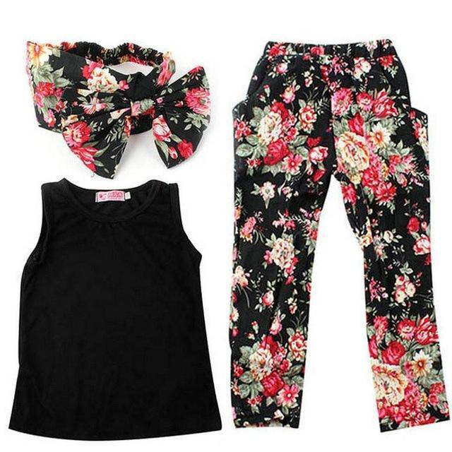 Floral Girls Top Sleeveless Headband Pant Outfit Black