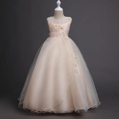 Floral girls Cinderella sleeveless dresses Champagne color