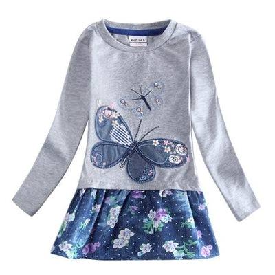 Floral Long Sleeve Girls Novelty Dress Grey Blue