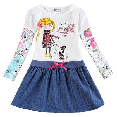 Floral Long Sleeve Girls Novelty Dress White Dark Blue Light Blue