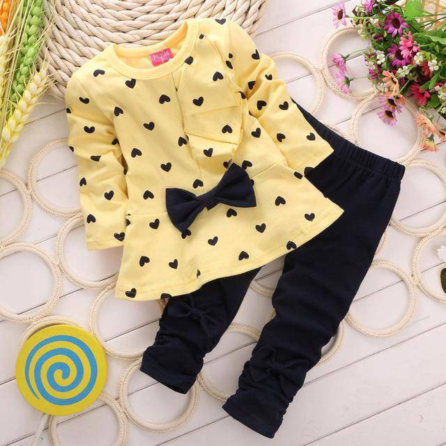 Full Sleeve Girls Spade Bowtie T Shirt Pants yellow